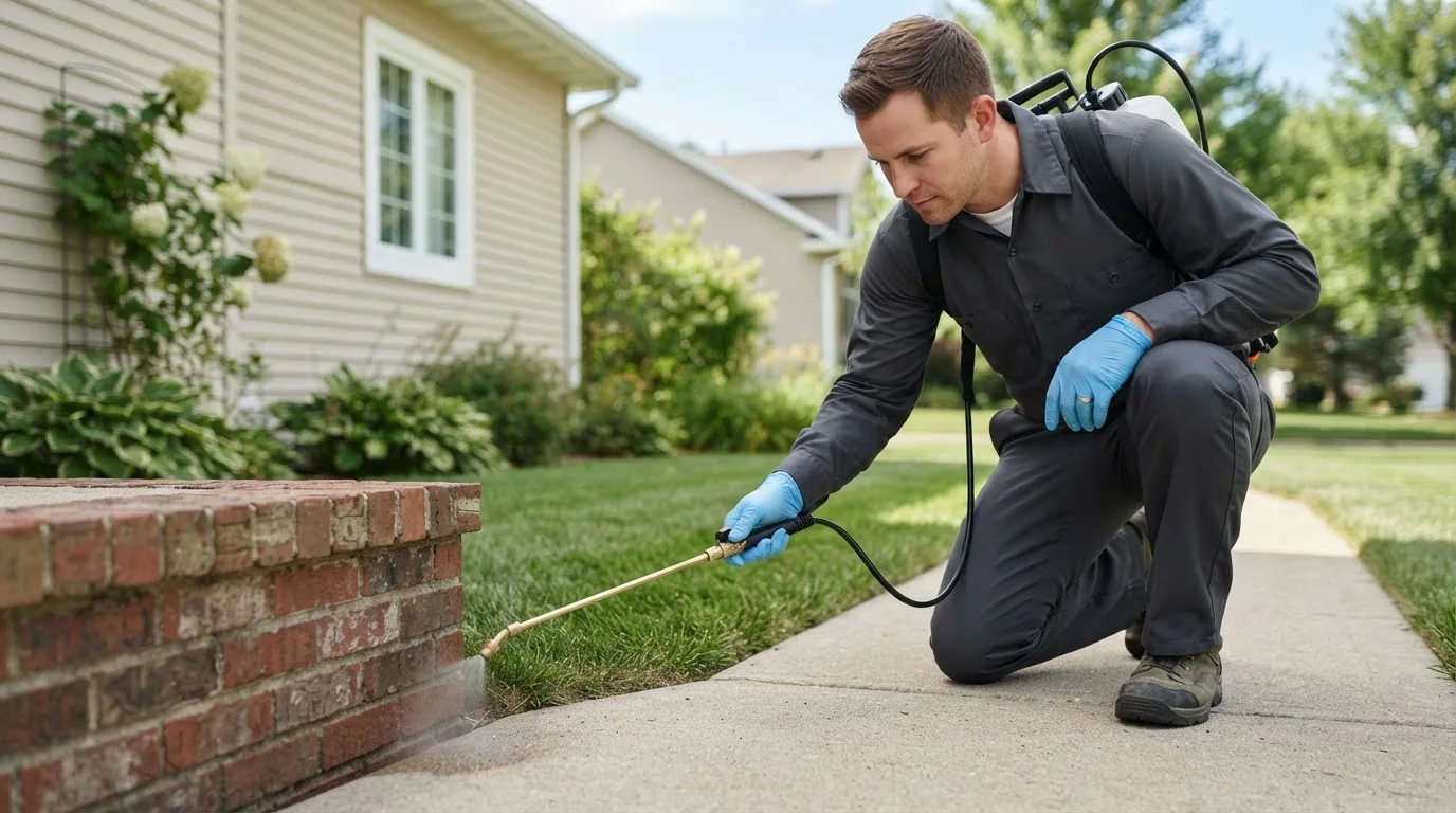 Pest control technician treating a home near Richardton, ND